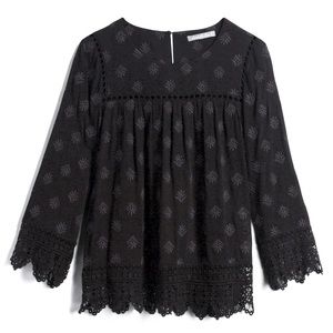 Black Blouse Lighter Embroidery Bell Sleeves NWT